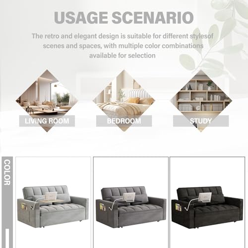 Convertible Sofa Bed, 3 in 1 Velvet Sleeper with Adjustable Backrest, Gray K13376