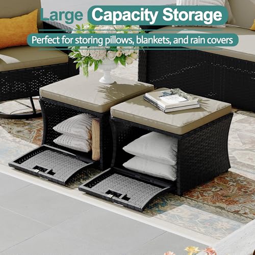 Wicker Patio Furniture Set with Swivel Recline Chairs and Storage Ottoman B707