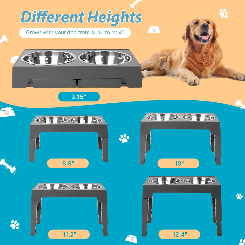 Elevated Dog Bowls Stand with 2 Stainless Steel Dishes, Adjustable Height for Medium and Large Dogs O53917