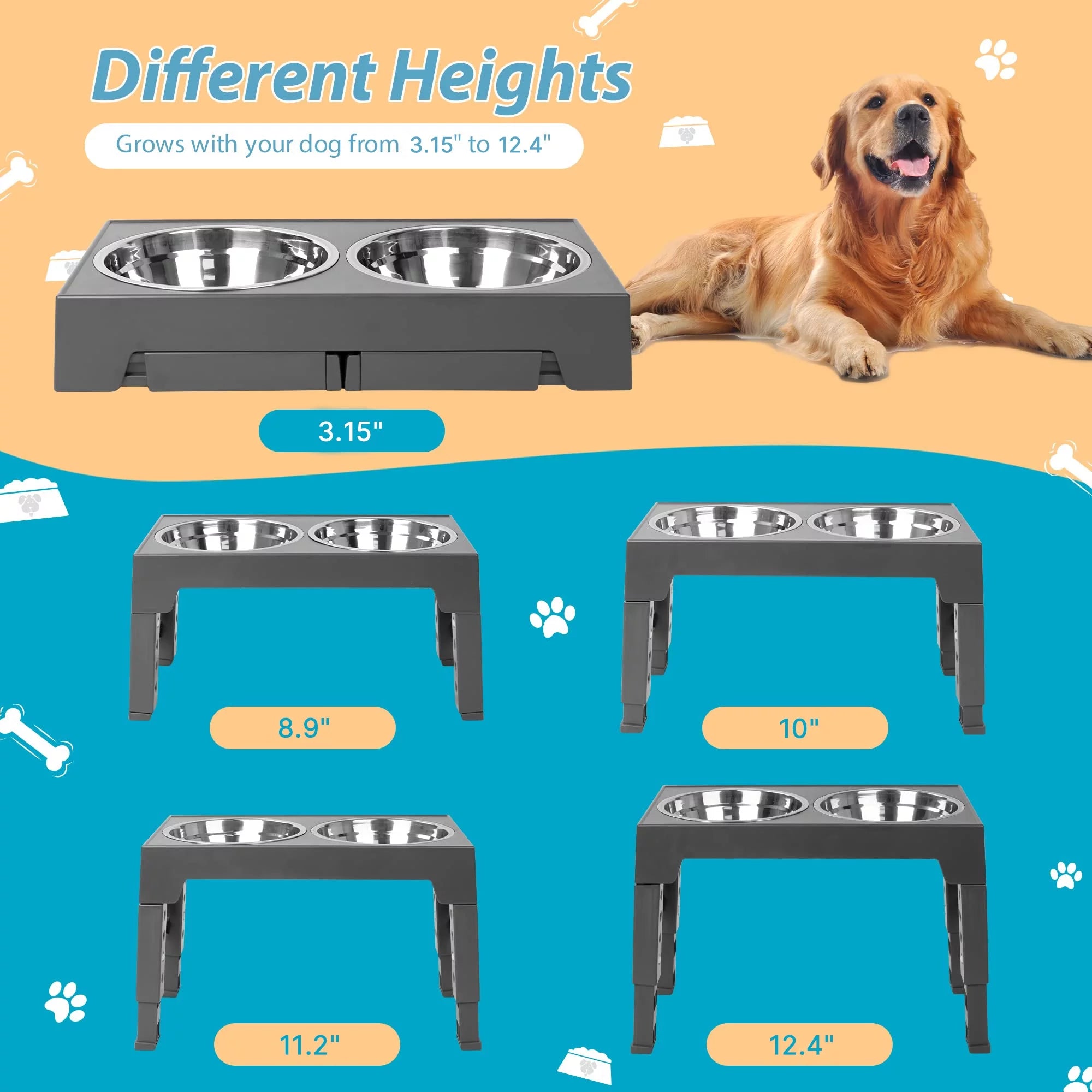 Elevated Dog Bowls Stand with 2 Stainless Steel Dishes, Adjustable Height for Medium and Large Dogs O53917