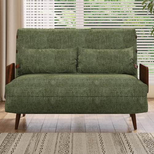 Convertible Chair Bed Sleeper for Adults, Linen with Wooden Arms & Pillows, Foldable Single Futon Sofa Bed Q683821