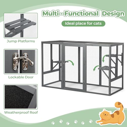 Outdoor Cat Enclosure with Platforms and Litter Box, Grey C6248