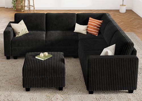 Corduroy Modular Sectional Couch with Storage, L-Shaped, 6 Seater, Dark Gray X823135