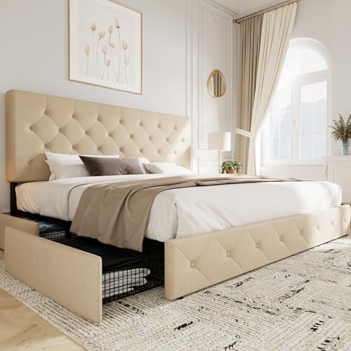 Upholstered Queen Platform Bed Frame with 4 Storage Drawers and Headboard G724955