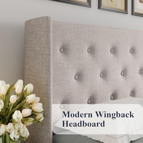 Full Size Lift Up Storage Bed with Wingback Headboard, Hydraulic Support, Light Beige P736605