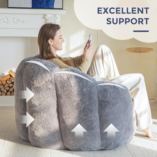 Floral Shaped Bean Bag Sofa for Adults, Faux Fur Floor Chair, Beige U8616