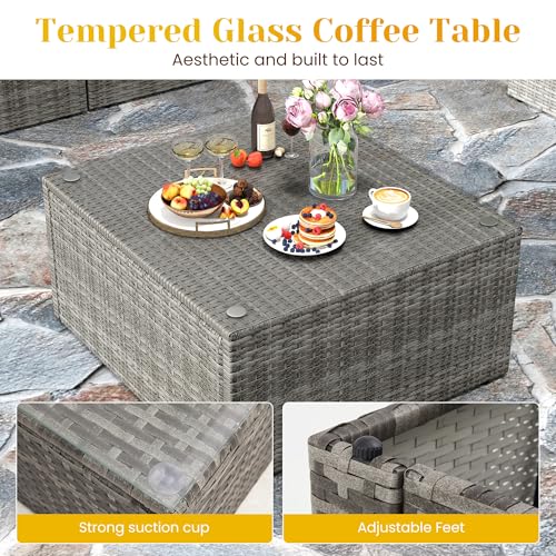 Outdoor Patio Furniture Set with Glass Tea Table, PE Rattan Wicker, Washable Cushions, Grey K8525