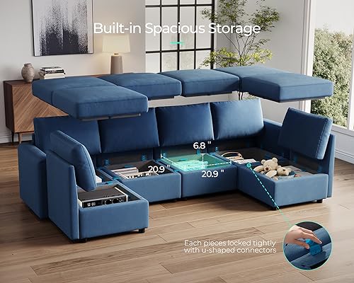 Modular Sectional Sofa with Storage, U Shaped Couch, Blue Y4358