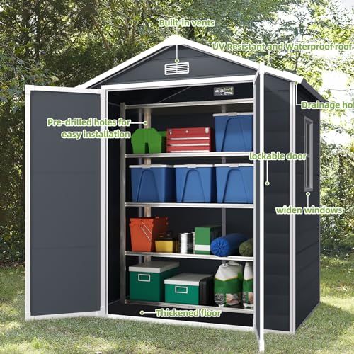 Outdoor Storage Shed 6x4.4FT, Resin with Floor, Lockable Doors for Garden Tools E30130