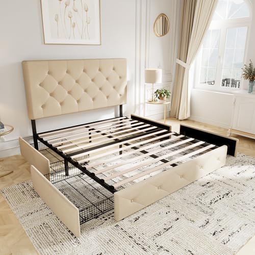Upholstered Queen Platform Bed Frame with 4 Storage Drawers and Headboard G724955