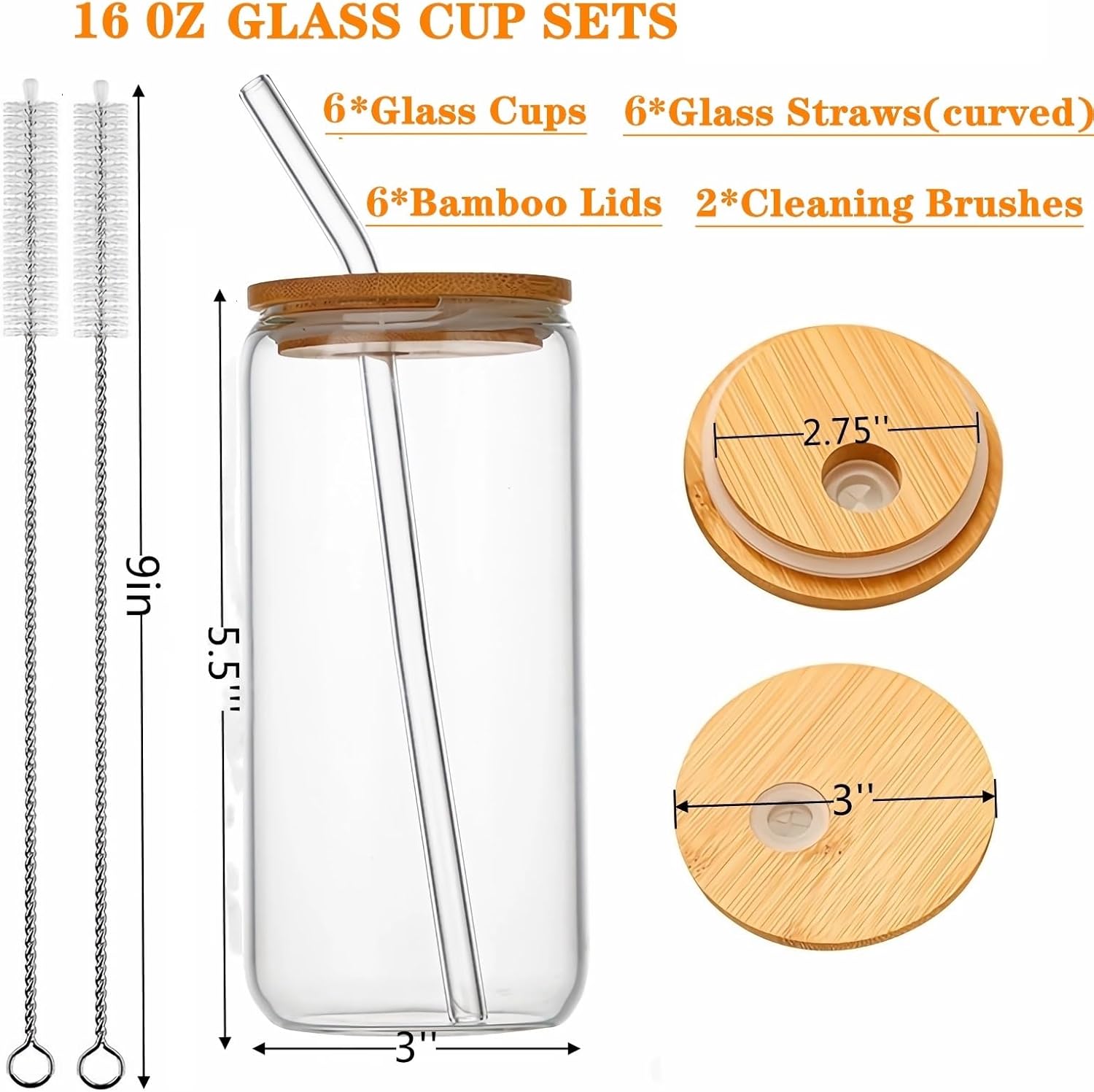 Glass Cups with Bamboo Lids and Straws 16 oz G304