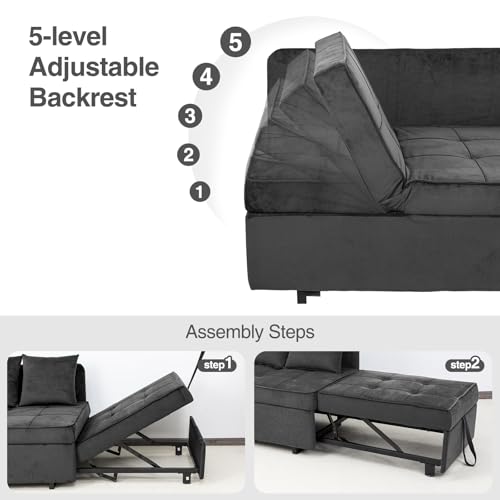 Sofa Bed Convertible Pull Out Couch with 2 Throw Pillows, Dark Grey Z539533