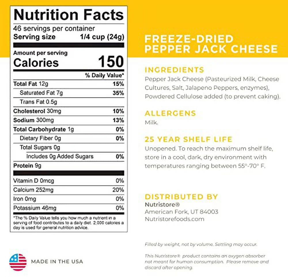 Freeze-Dried Shredded Pepper Jack Cheese for Snacking, Camping & Emergency Food Storage P428972