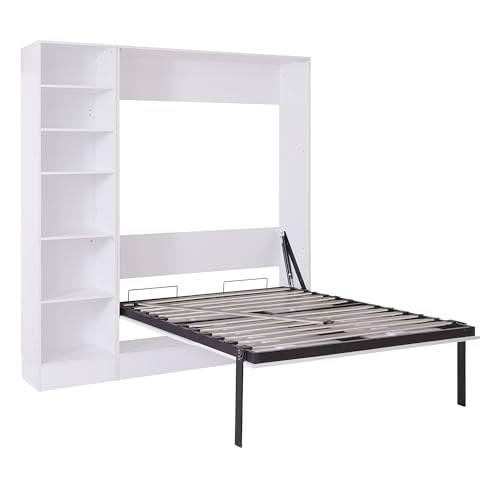 Murphy Bed Queen Size with Cushion, Foldable Sofa Bed Frame with Slat Support, White C2974