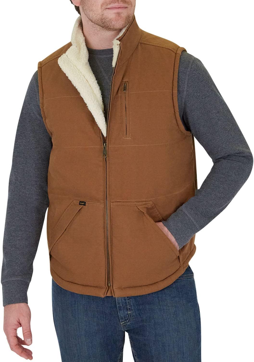 Men's Workwear Canvas Vest with Pockets, Sleeveless Jacket, Tobacco, X-Large H488443