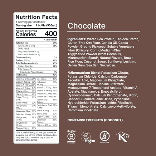 Chocolate Meal Replacement Drink, High Protein, Plant Based, 16.9 Fl Oz (12 Pack) T510