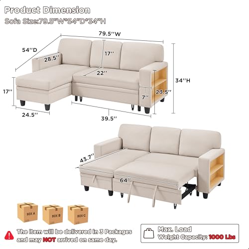 80" L-Shaped Sleeper Sectional Couch with Storage Chaise and USB Port H31043