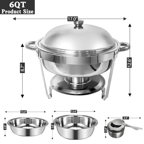 6 QT Round Stainless Steel Chafing Dish Buffet Set with Covers, 2 Pack Q3465