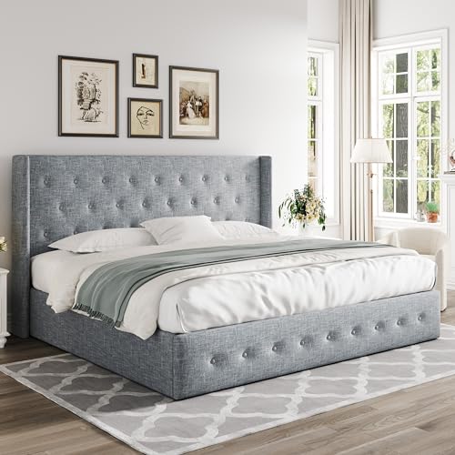 Full Size Lift Up Storage Bed with Wingback Headboard, Hydraulic Support, Light Beige P736605