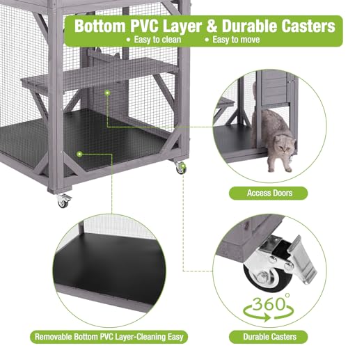 Cat House Outdoor Cage with Wheels, Large Wooden Catio with Resting Box X3162