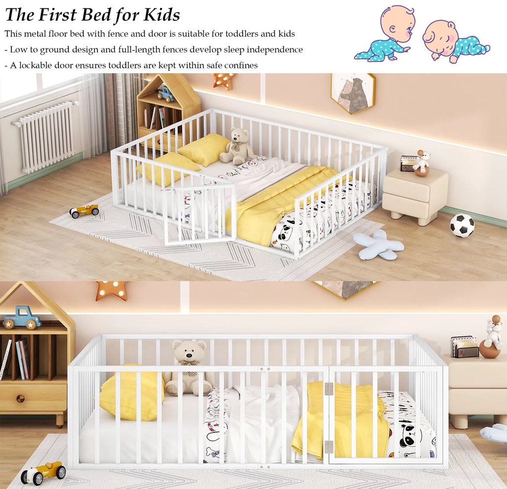 Queen Floor Bed with Fence Rails and Lockable Door for Kids, White T678