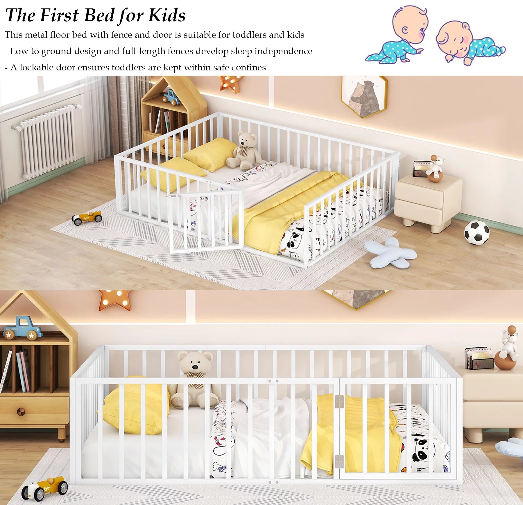 Queen Floor Bed with Fence Rails and Lockable Door for Kids, White T678