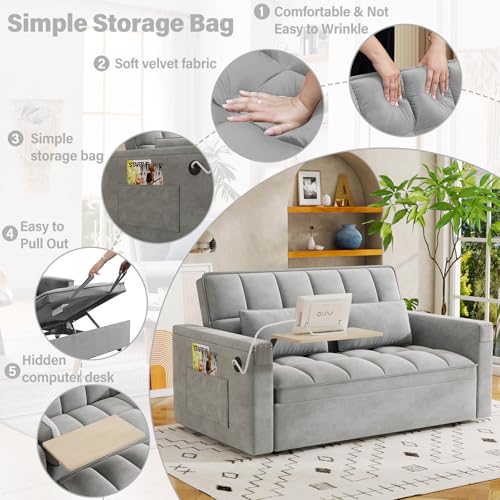 Convertible Sofa Bed, 3 in 1 Velvet Sleeper with Adjustable Backrest, Gray K13376