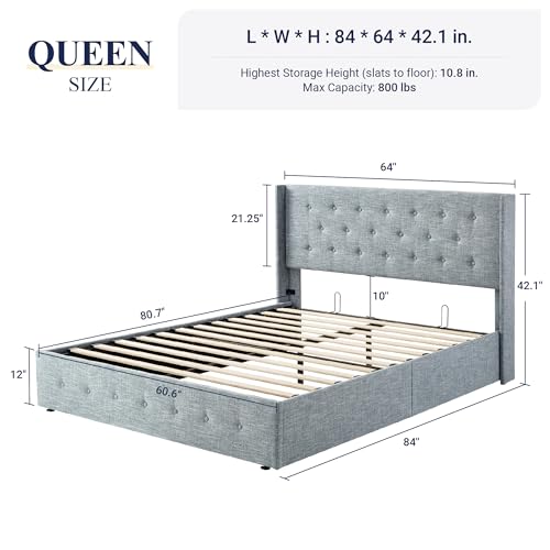 Full Size Lift Up Storage Bed with Wingback Headboard, Hydraulic Support, Light Beige P736605