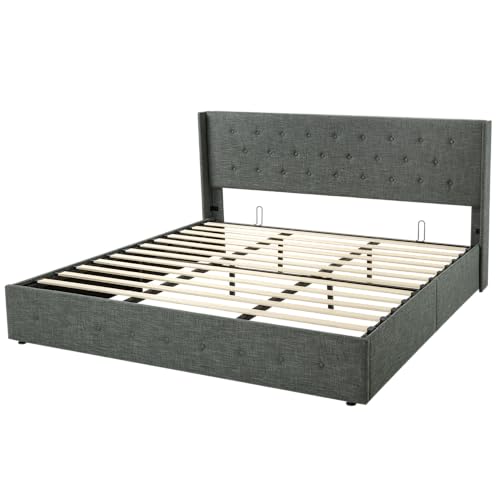 Full Size Lift Up Storage Bed with Wingback Headboard, Hydraulic Support, Light Beige P736605