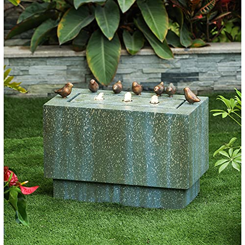 LuxenHome 24" Gray Rectangular and Birds Resin Outdoor Bubbler Fountain with LED Lights Waterfall Fountain Decoration for Garden Back Yard Courtyard Patio