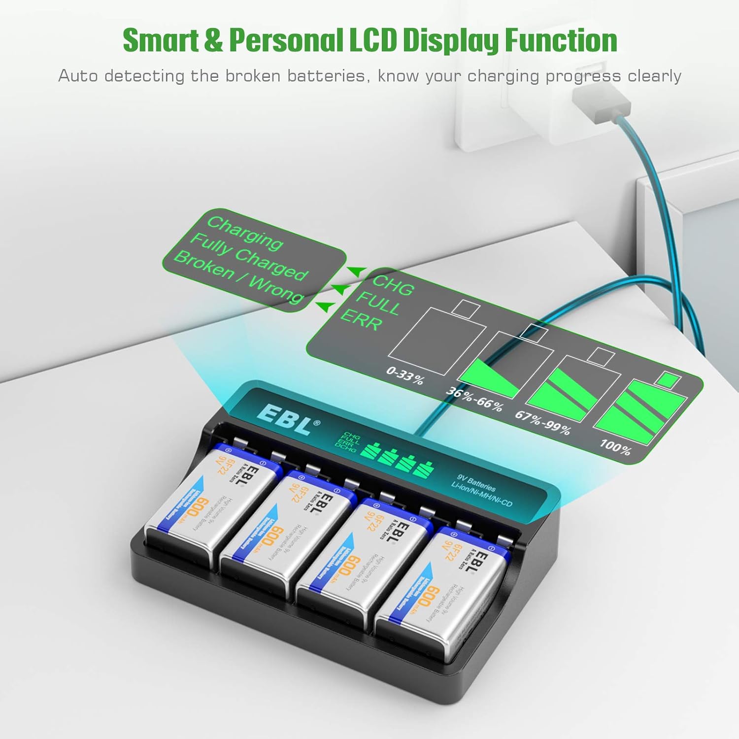 9V Rechargeable Batteries 4-Pack with LCD Smart Charger V11199