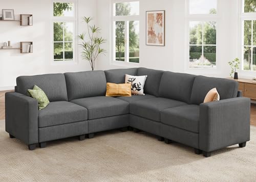 Corduroy Modular Sectional Couch with Storage, L-Shaped, 6 Seater, Dark Gray X823135