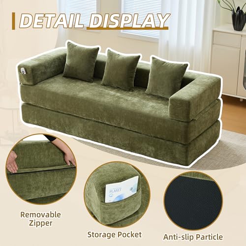 Corduroy Convertible Sleeper Sofa Bed with Pillow, Beige O72530