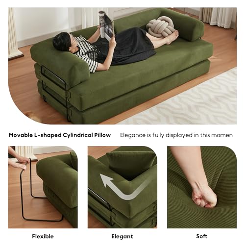 Corduroy Convertible Sleeper Sofa Bed with Pillow, Beige O72530