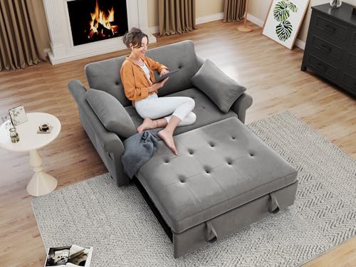 Sleeper Sofa Bed 3-in-1 Convertible Couch with Pullout Bed, 55'' Loveseat with Reclining Backrest, 2 Pillows and Storage Bag, Blue Gray H2215