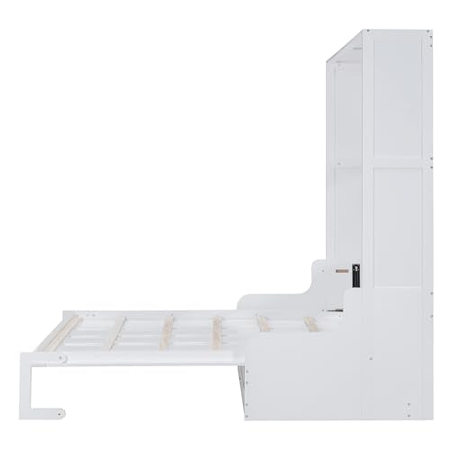 Murphy Bed Queen Size with Cushion, Foldable Sofa Bed Frame with Slat Support, White C2974