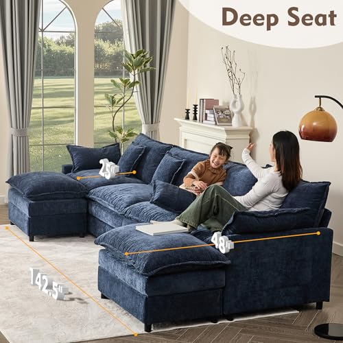 U Shaped Modular Sectional Sofa with Ottoman, Chenille, Black Z16537
