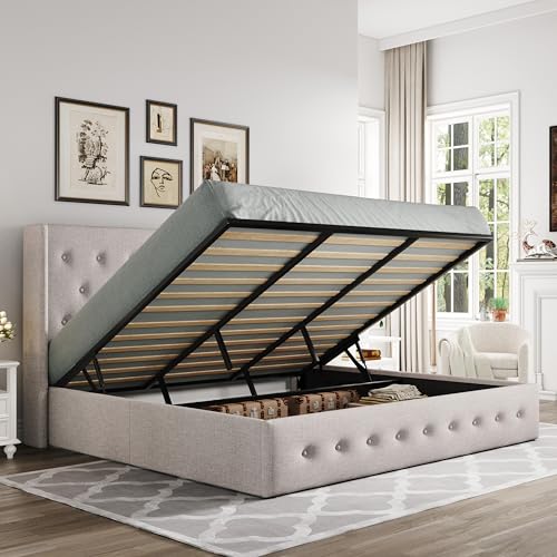 Full Size Lift Up Storage Bed with Wingback Headboard, Hydraulic Support, Light Beige P736605