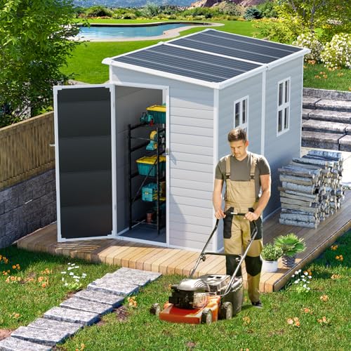 Outdoor Resin Storage Shed 8x4x6 FT with Floor, 2 Windows and Lockable Door Y450972