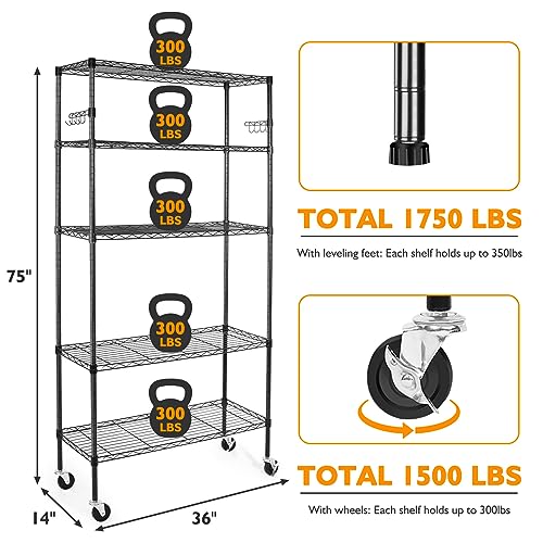 Heavy Duty 6-Tier Storage Shelves with Wheels, Adjustable Metal Wire Rack E412