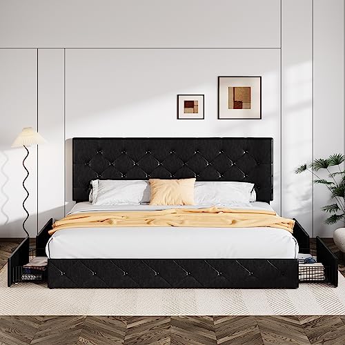 Upholstered Queen Platform Bed Frame with 4 Storage Drawers and Headboard G724955