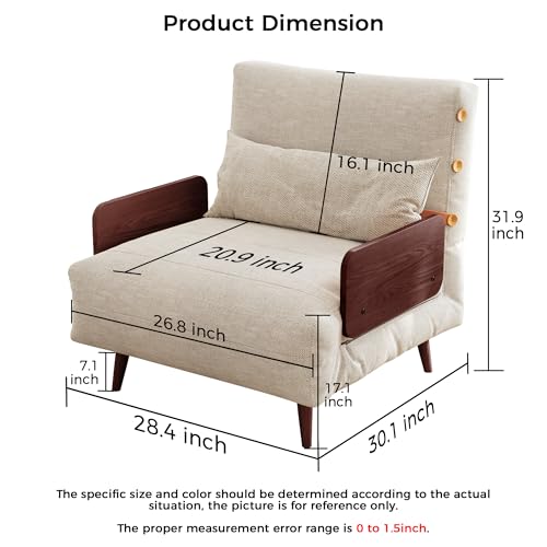 Convertible Chair Bed Sleeper for Adults, Linen with Wooden Arms & Pillows, Foldable Single Futon Sofa Bed Q683821