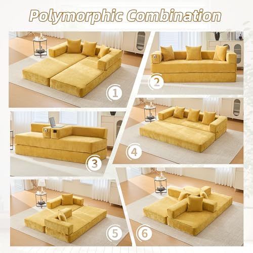 Corduroy Convertible Sleeper Sofa Bed with Pillow, Beige O72530