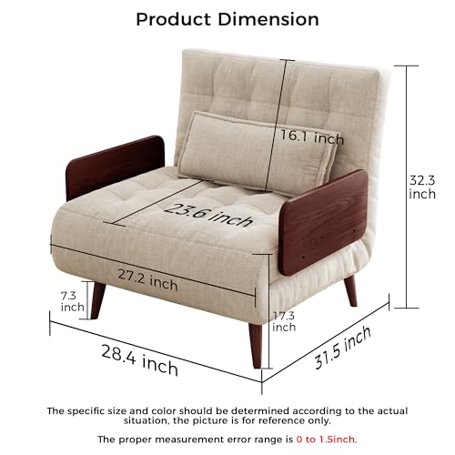 Convertible Chair Bed Sleeper for Adults, Linen with Wooden Arms & Pillows, Foldable Single Futon Sofa Bed Q683821
