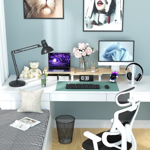 Dual Monitor Stand with Adjustable Length and Angle, Wood Desktop Organizer L351
