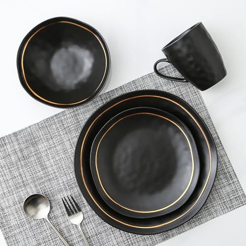 Porcelain Dinnerware Set, Black, Service for 4, 16-Piece E452753
