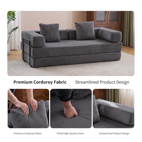 Corduroy Convertible Sleeper Sofa Bed with Pillow, Beige O72530