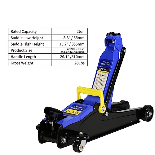 Heavy Duty Hydraulic Floor Jack, Low Profile Steel Racing Jack, 2 Ton Capacity, Blue H1350