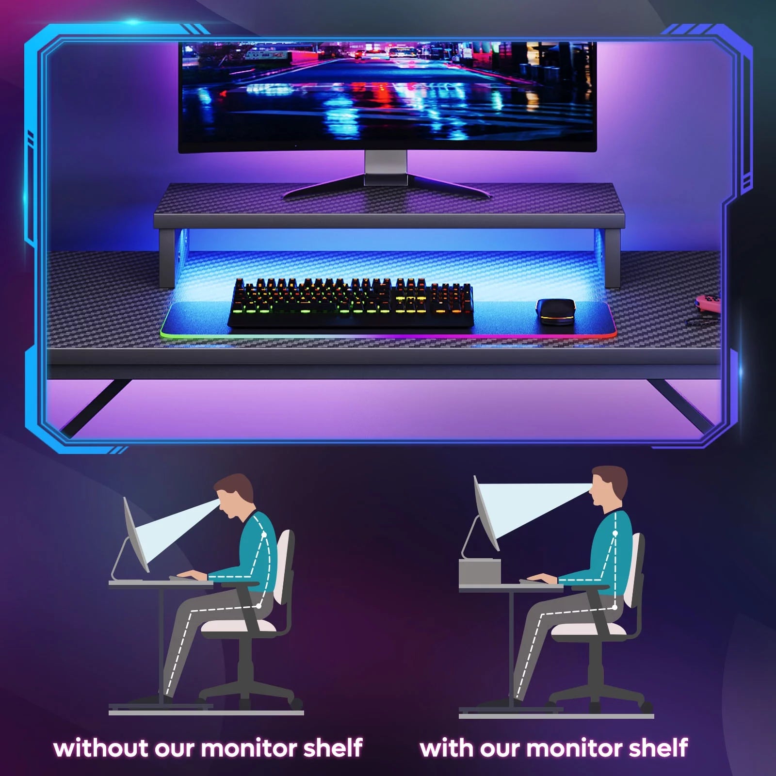 Gaming Desk with LED Lights and Monitor Stand V338893