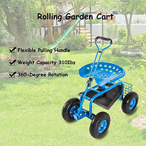 Garden Cart Rolling Work Seat with Tool Tray and Storage Basket M2128